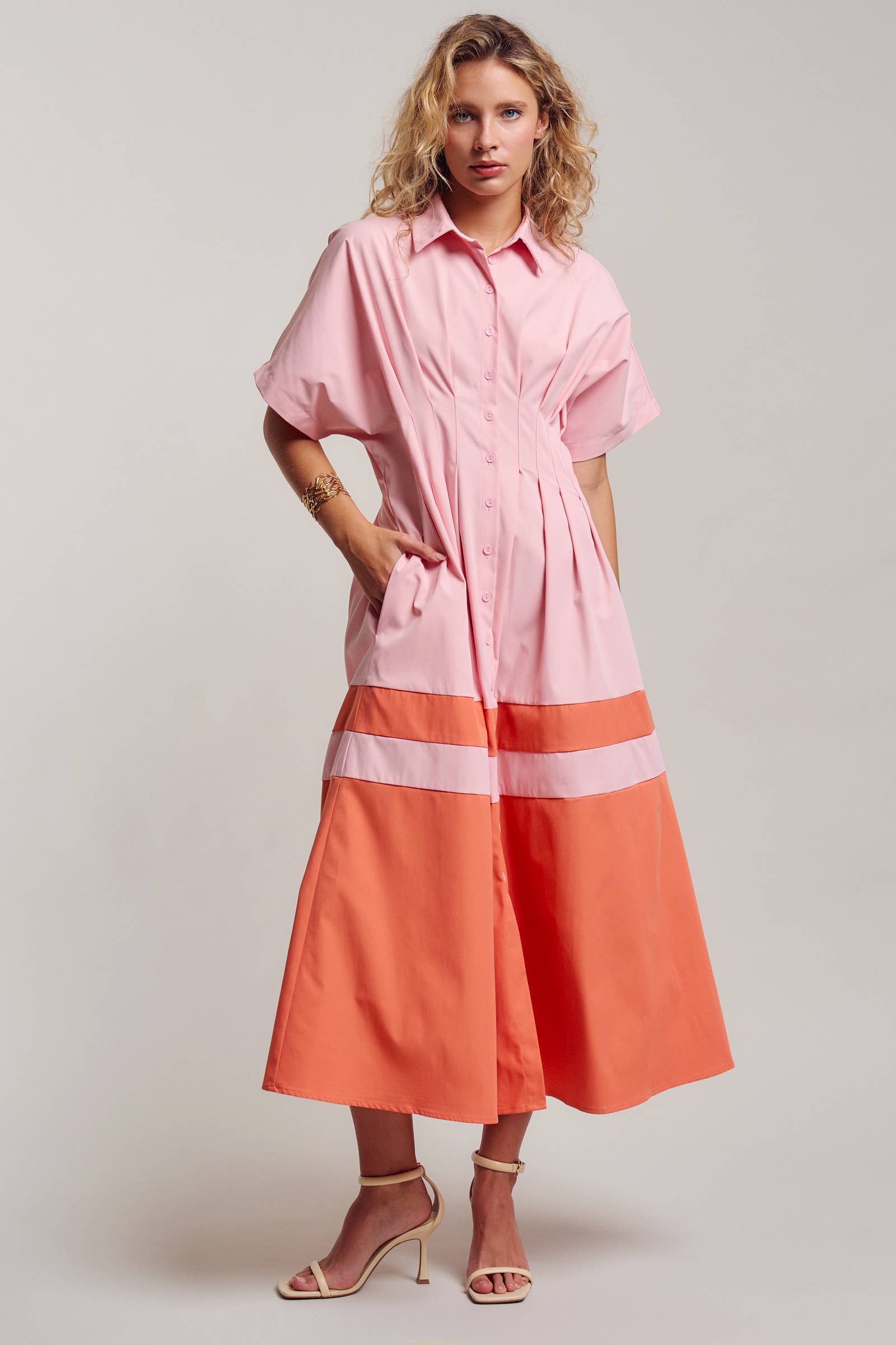 Colorblock Button-Up Cotton Midi Dress