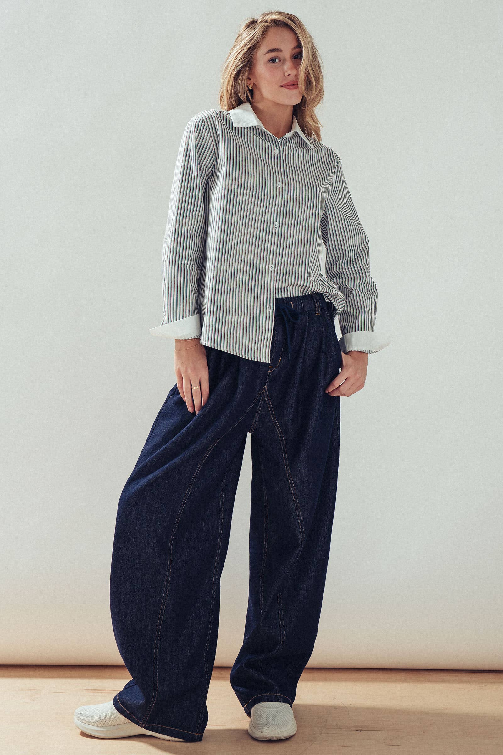 Contrast Collar Multi Stripe Button Down Shirt