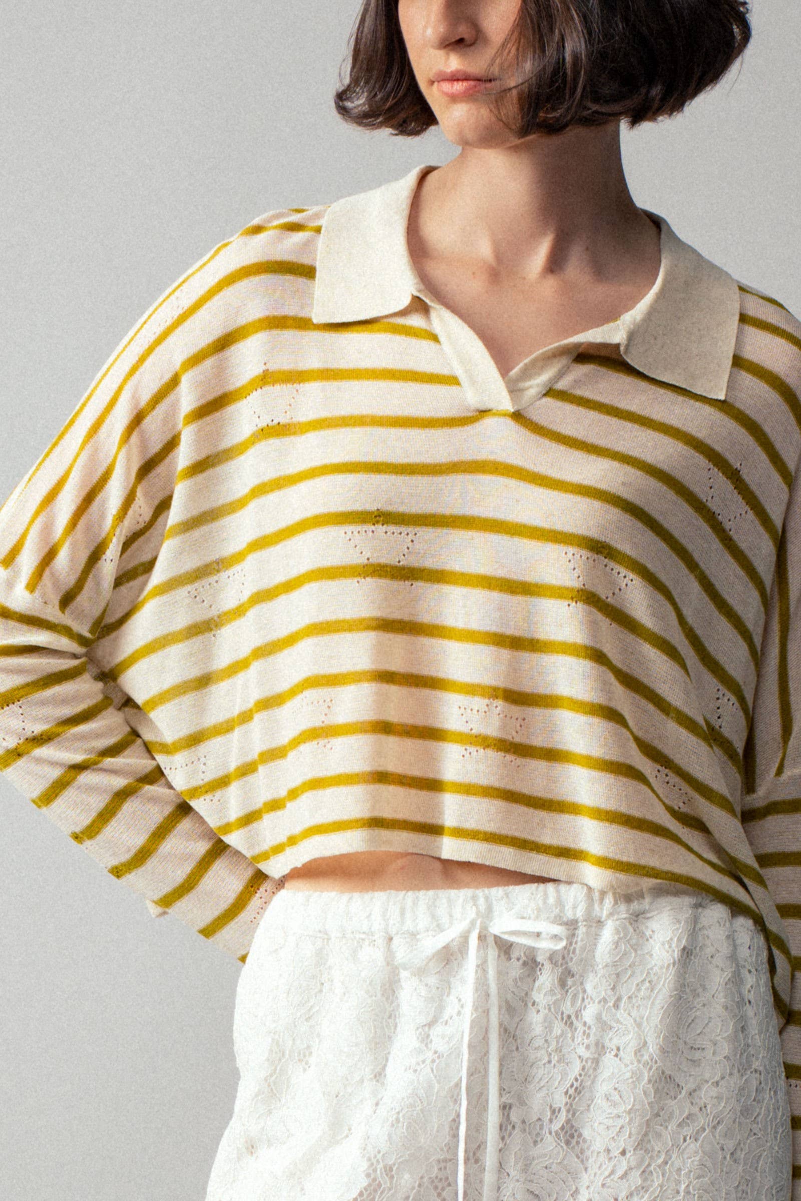 Urban Daizy Striped Eyelet Embroidered Cropped Polo Oatmeal Green Polo - Women's (UDZ-TP-00082) – alternate view 2