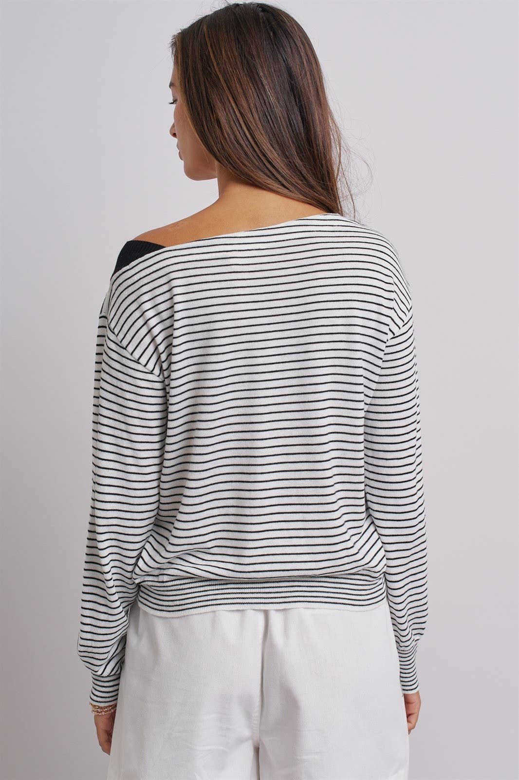 Urban Daizy Asymmetrical Striped One-Shoulder Top Ivory-Black Knit Top - Women's (UDZ-TP-01085-Ivory-Black) – alternate view 16