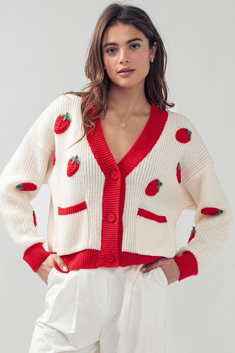Urban Daizy Romantic Strawberry Embroidered V Neck Chunky Sweater Pink Cardigan - Women's (UDZ-KN-00160) – alternate view 2