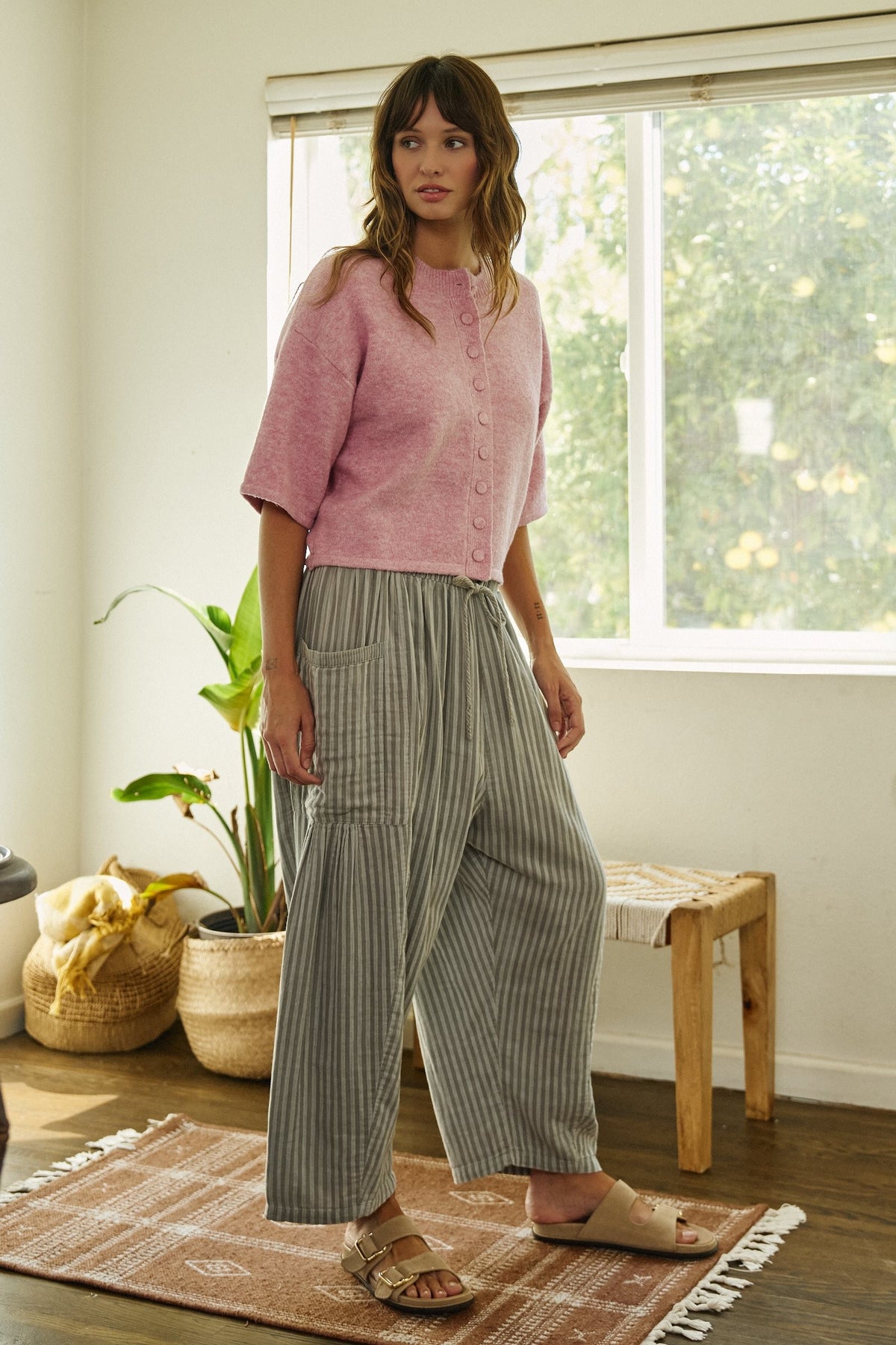 Striped Wide Leg Cotton Pants with Pockets in GREY - Women's Casual Pants | Urban Daizy