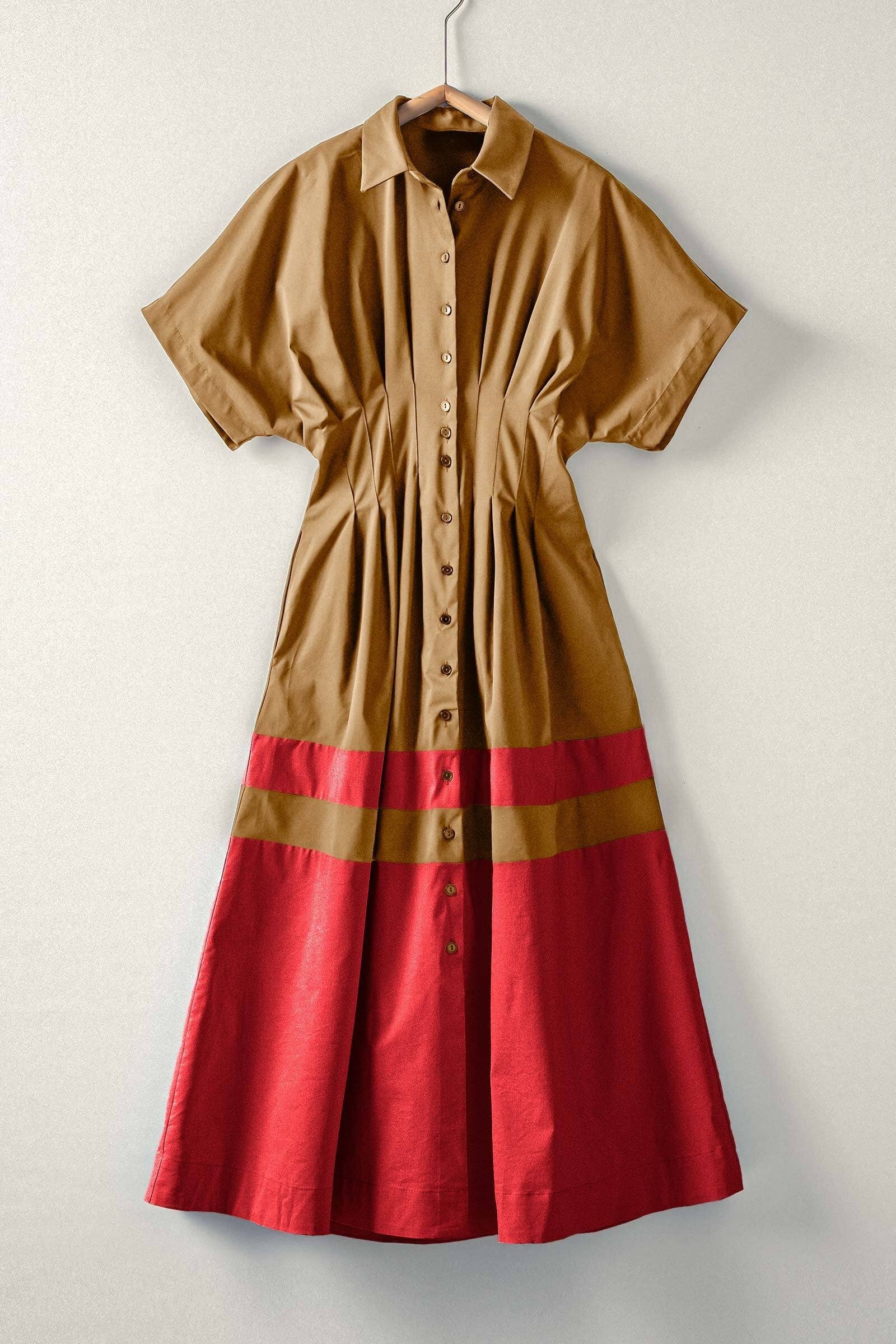 Colorblock Button-Up Cotton Midi Dress