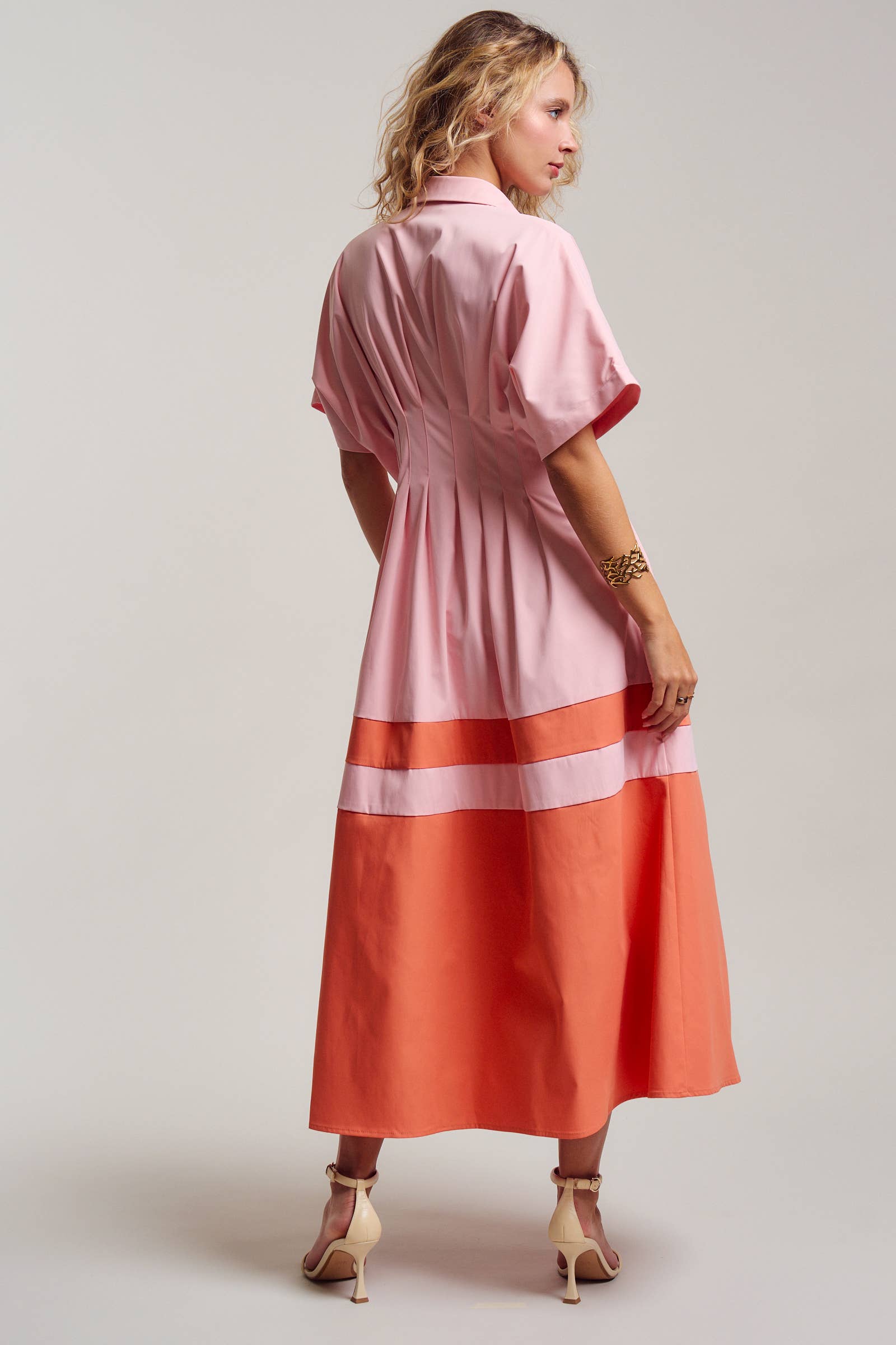 Colorblock Button-Up Cotton Midi Dress