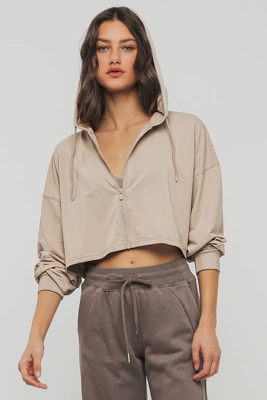 Urban Daizy Cropped Zip Up Drawstring Hooded Workout Jacket Stone Athletic Jacket - Women's (UDZ-OT-00350) – alternate view 6