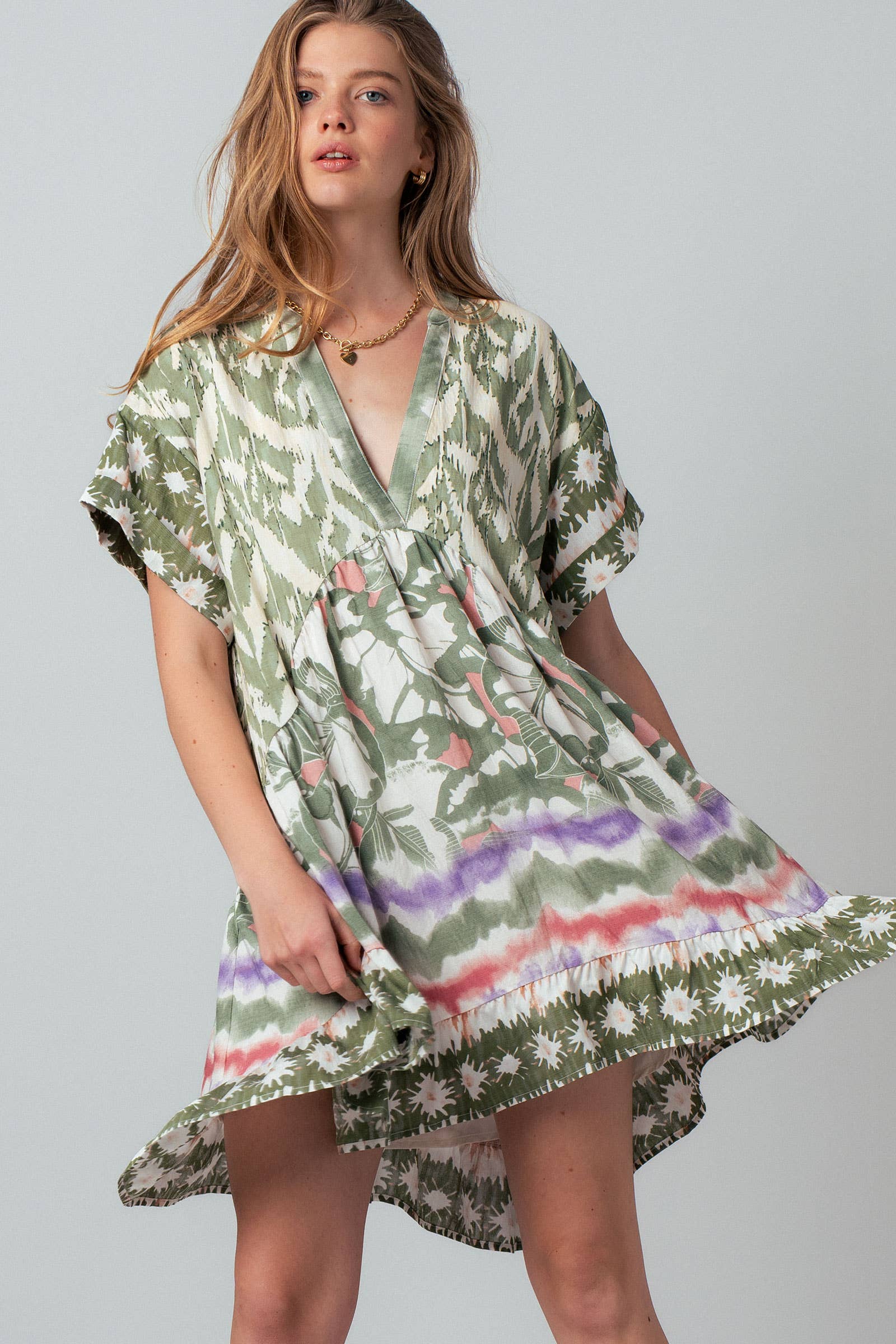 Urban Daizy Boho Mixed Print V-Neck Mini Dress Green-Multi Dress - Women's (UDZ-DR-00479) – alternate view 9