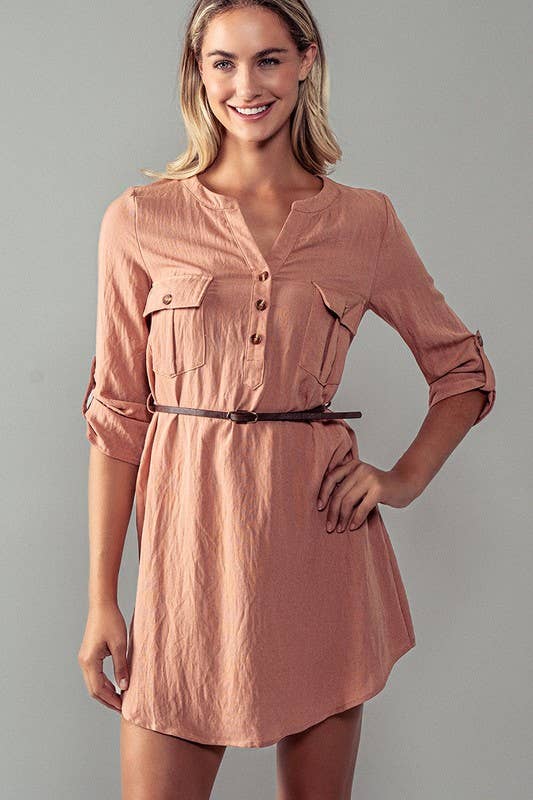 Utility Pocket Belted Henley Mini Dress