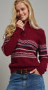 Fair Isle Quarter Zip Sweater Wool Blend with Leather Pull T in BURGUNDY - Women's Cardigans & Shrugs | Urban Daizy