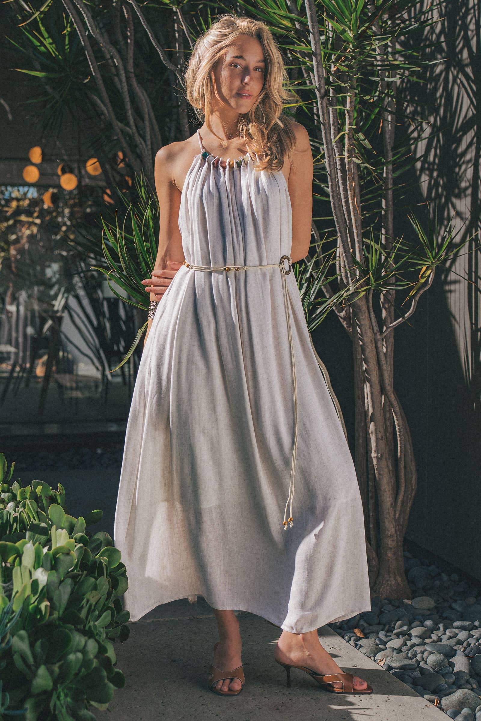 Beaded Halter Neck Linen Blend Maxi Dress
