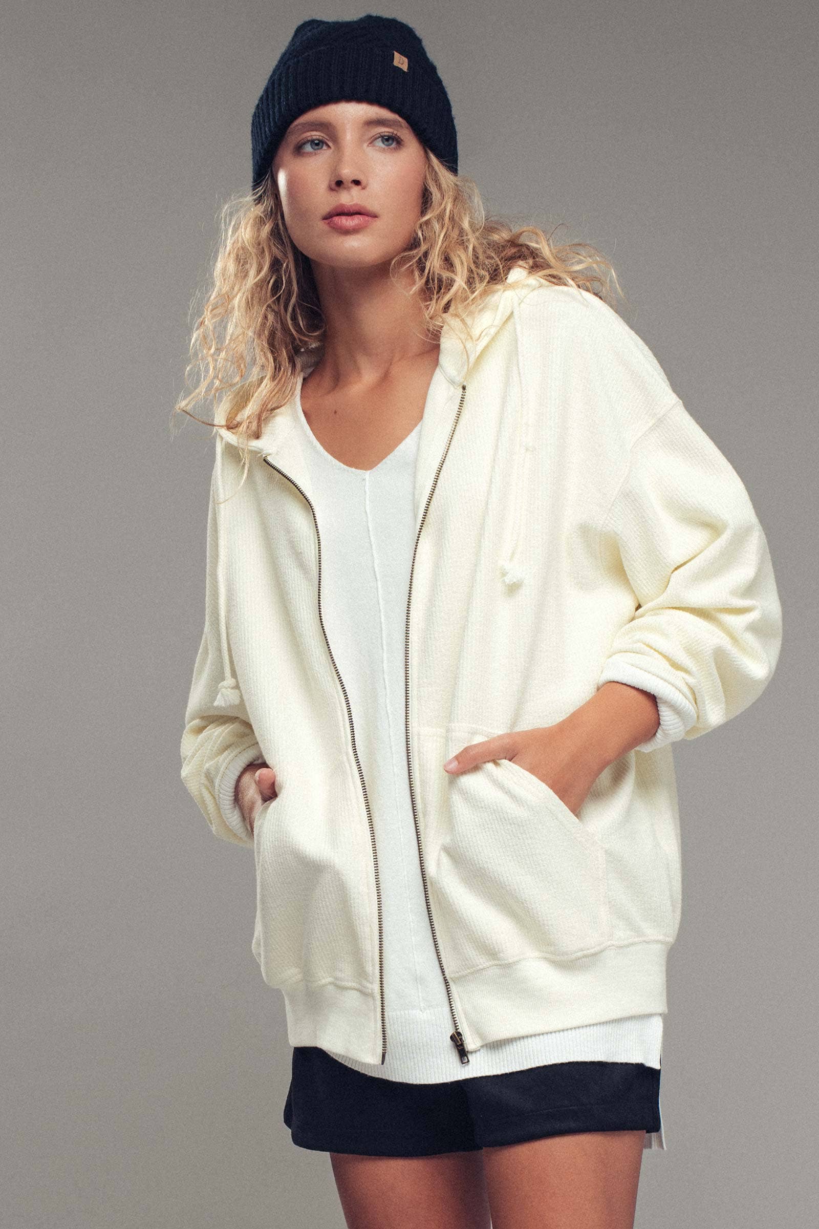 Urban Daizy Oversized Ribbed Dolman Sleeve Hoodie Cream Hoodie - Women's (UDZ-KN-00313)