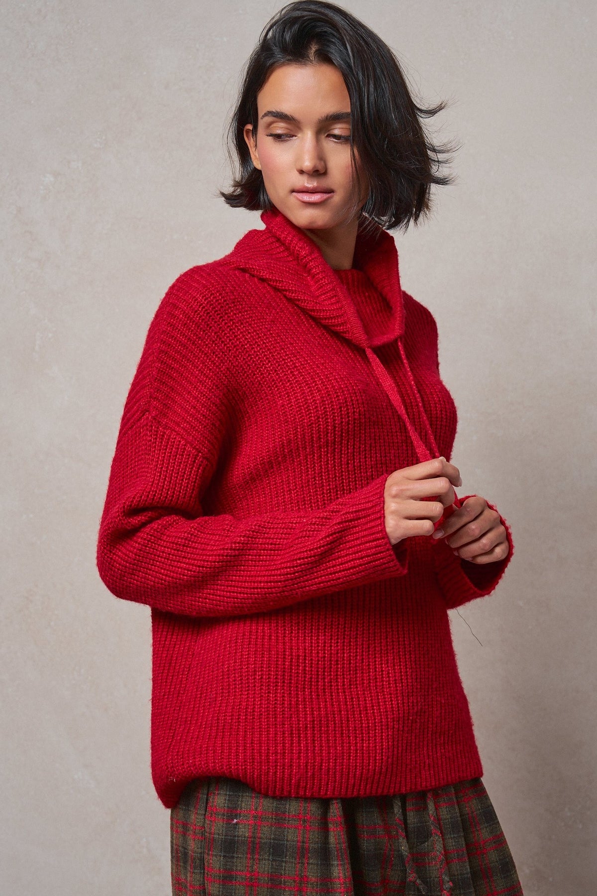 Ribbed Funnel Neck Knit Sweater in RED - Women's Sweaters | Urban Daizy