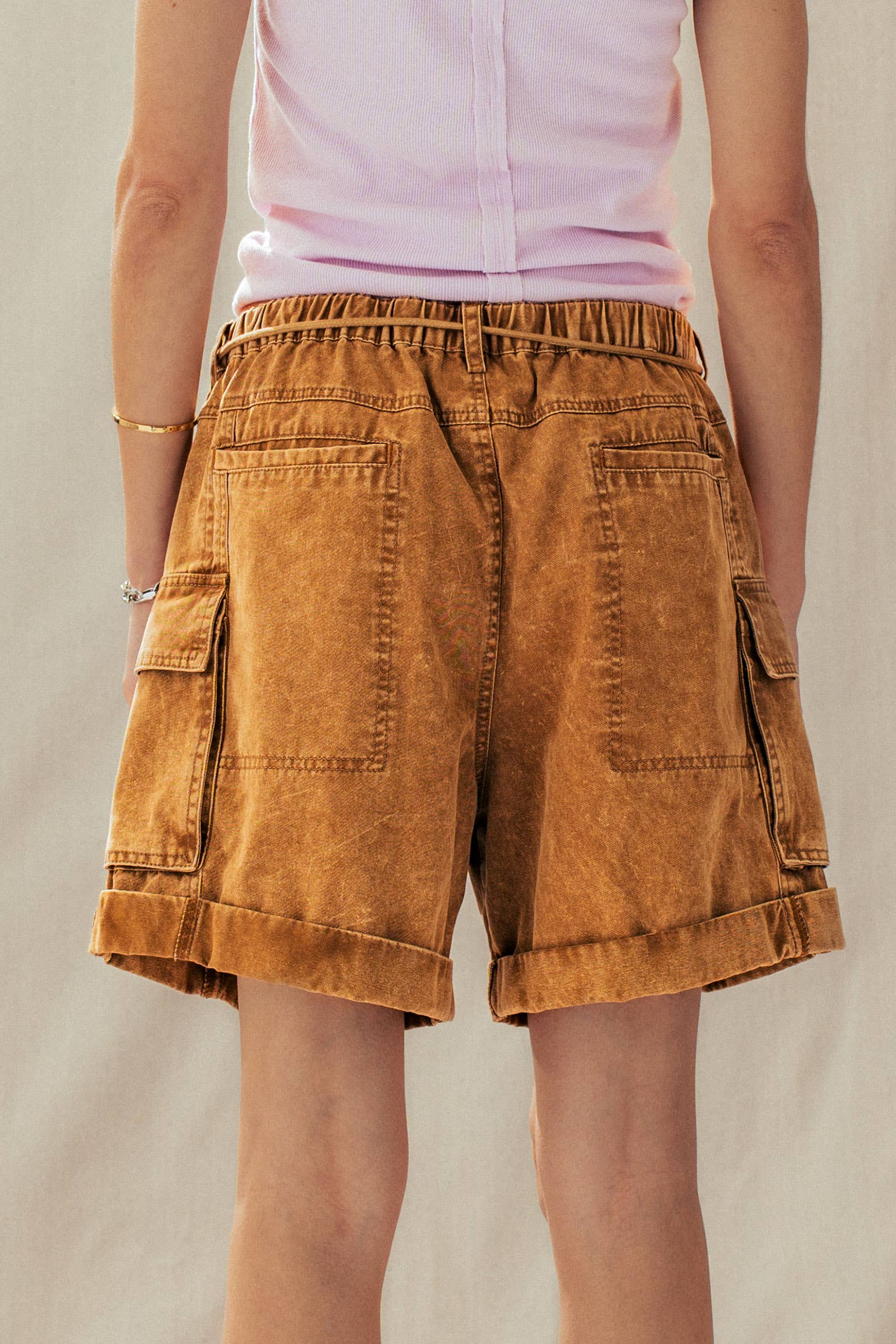 Urban Daizy Mineral Wash Cotton Utility Cargo Shorts Camel Shorts - Women's (UDZ-PT-00485) – alternate view 4