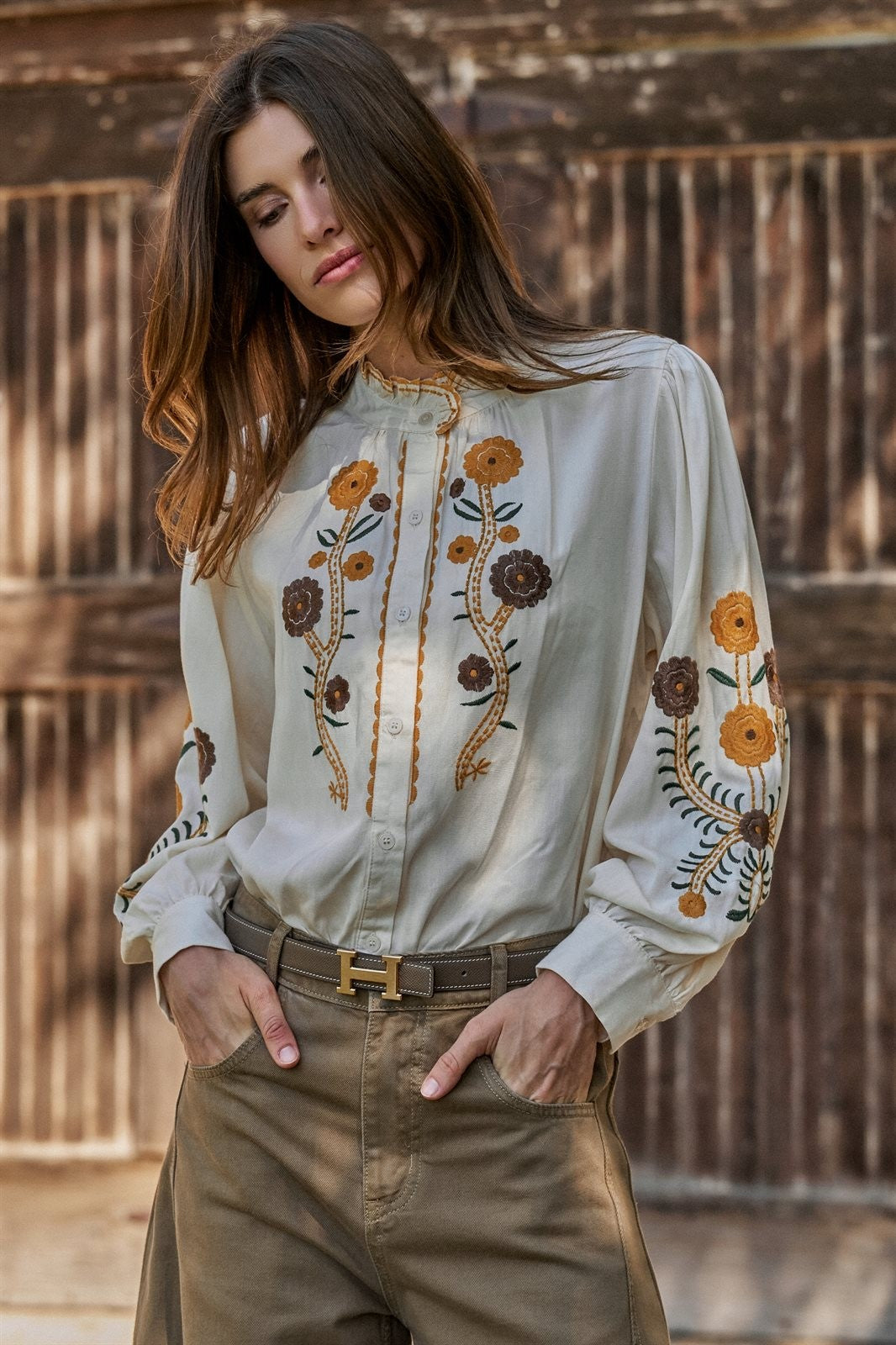 Embroidered Ruffle Neck Blouse in Western Folk Style in IVORY - Women's Shirts & Blouses | Urban Daizy