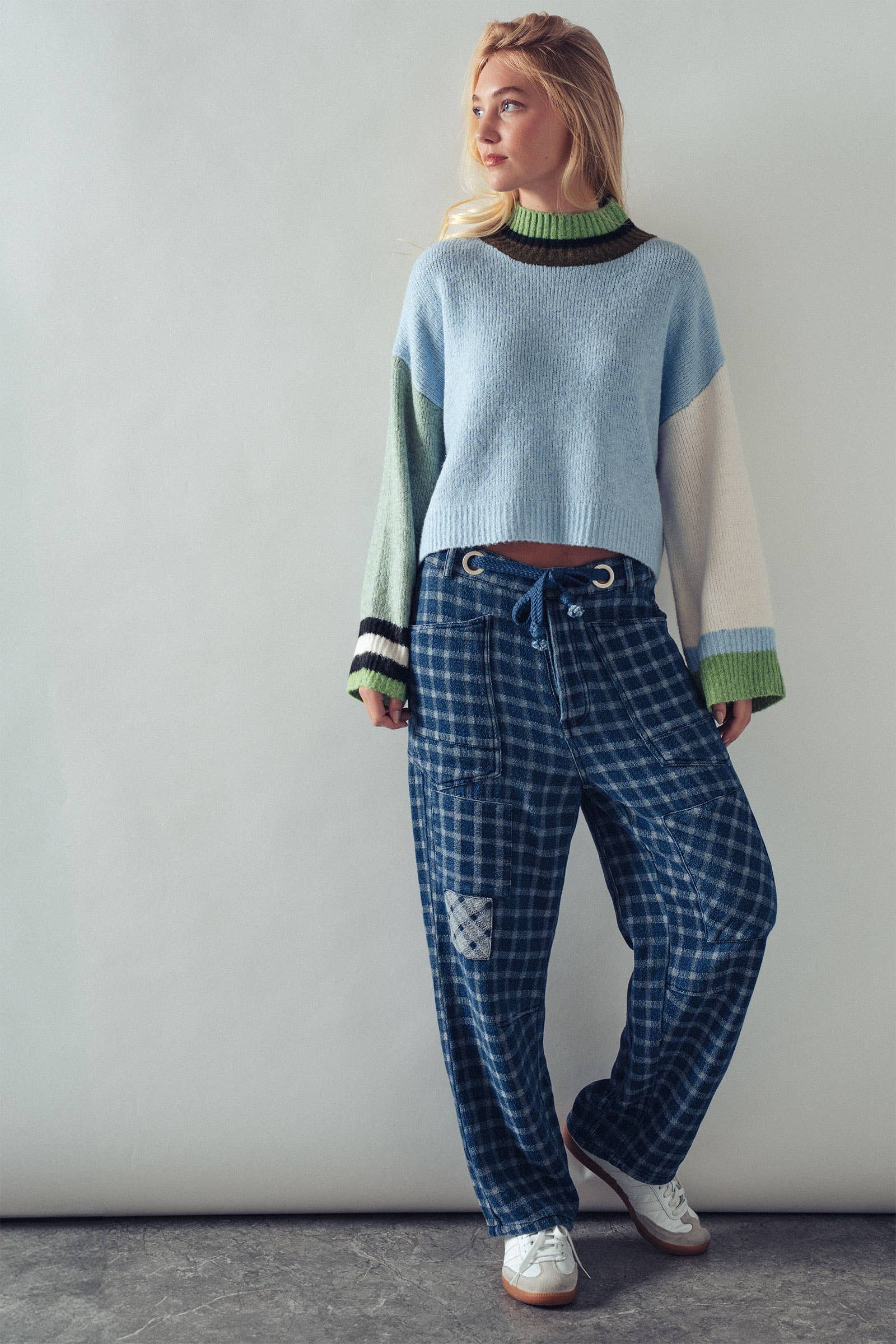 Checkered Vintage Wash Denim Pants
