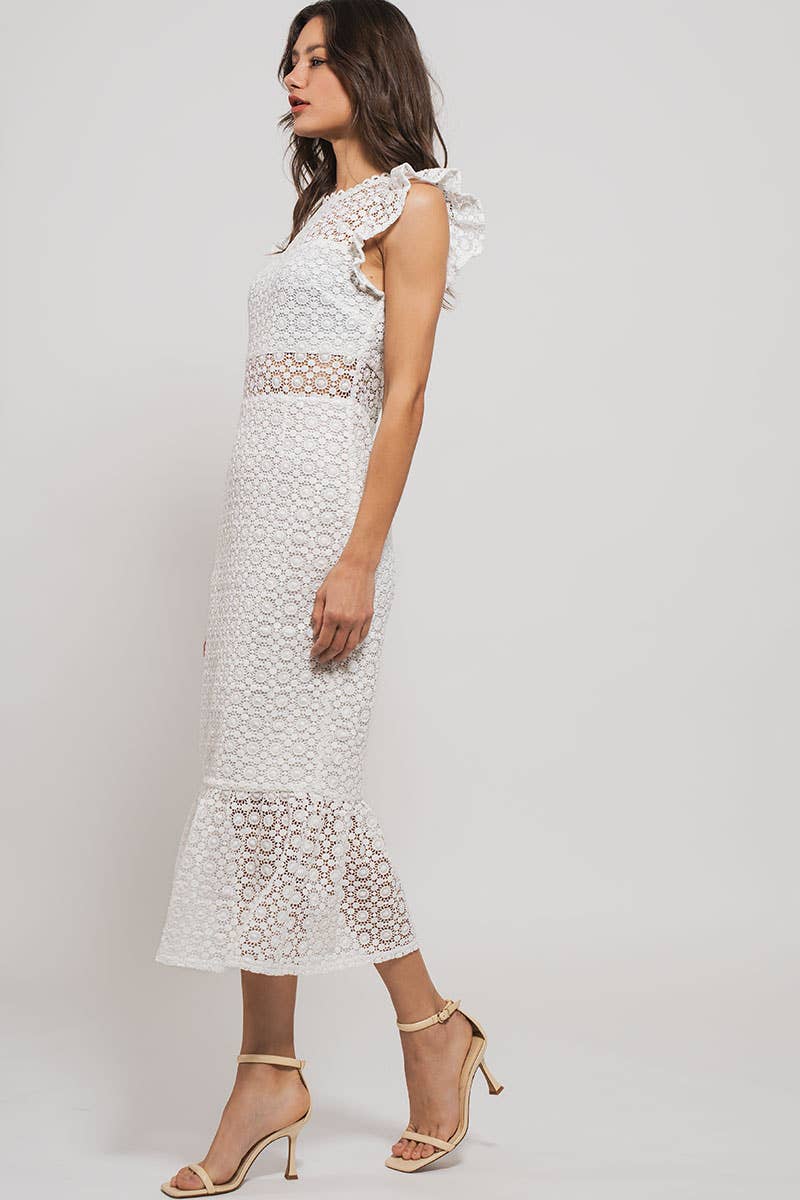 Urban Daizy White Lace Scalloped Ruffle-Sleeve Midi Dress White Dress - Women's (UDZ-DR-00345) – alternate view 8