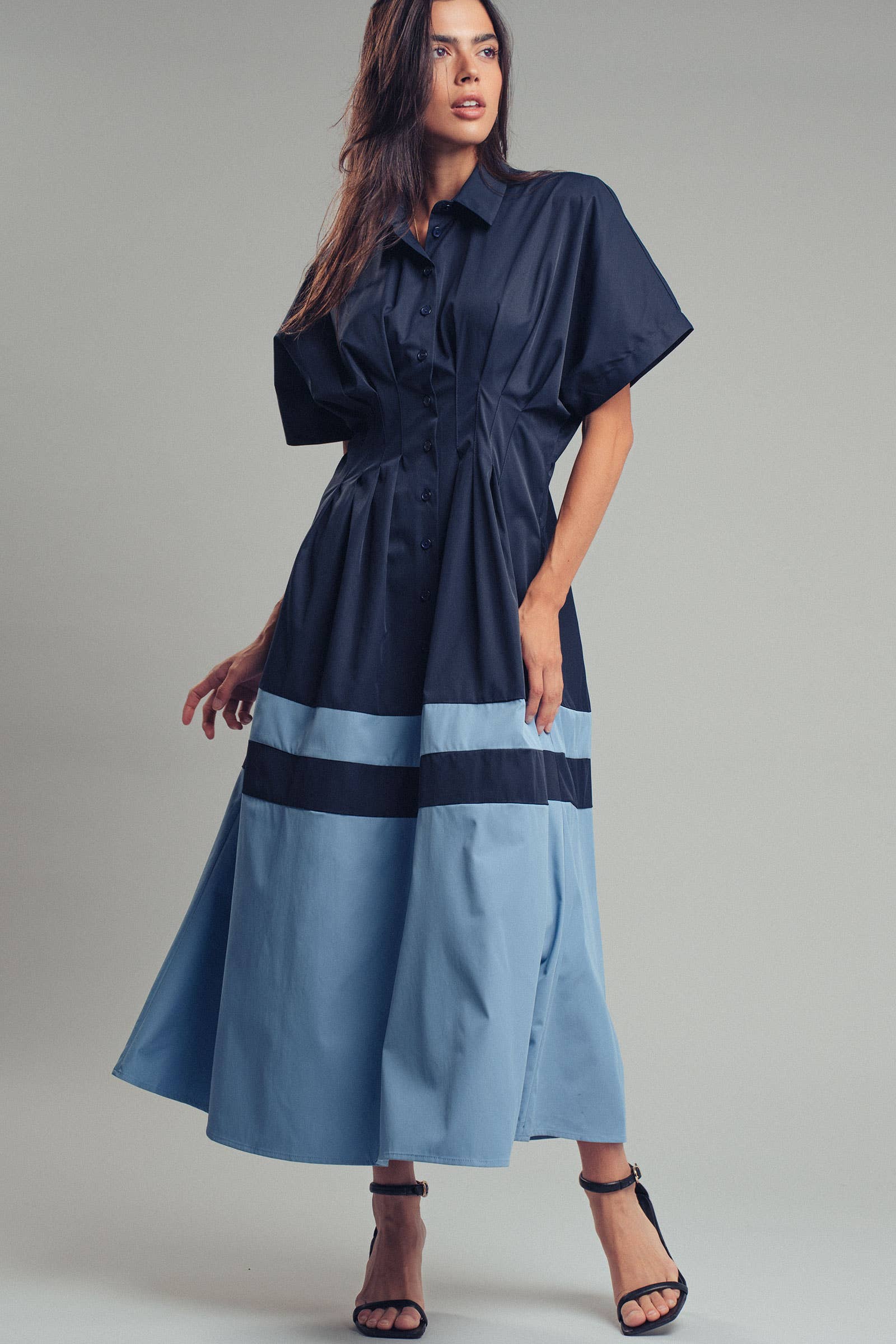 Colorblock Button-Up Cotton Midi Dress