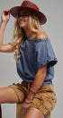 Grommet Trim Washed Cotton Boat Neck Top in VINTAGE NAVY - Women's T-Shirts & Polos | Urban Daizy