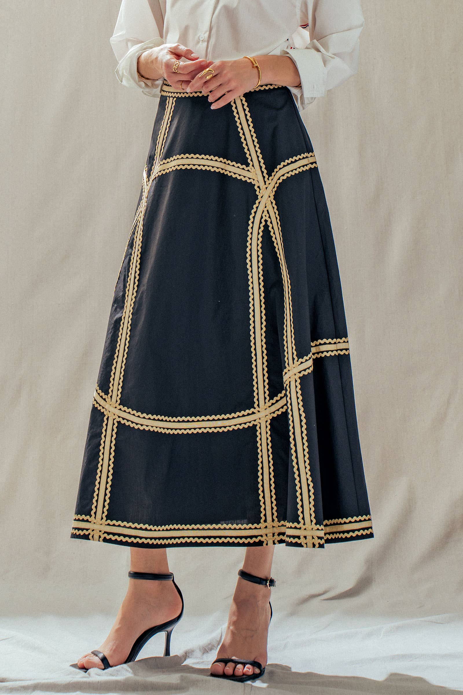 Contrast Rickrack Trim Cotton A-Line Midi Skirt