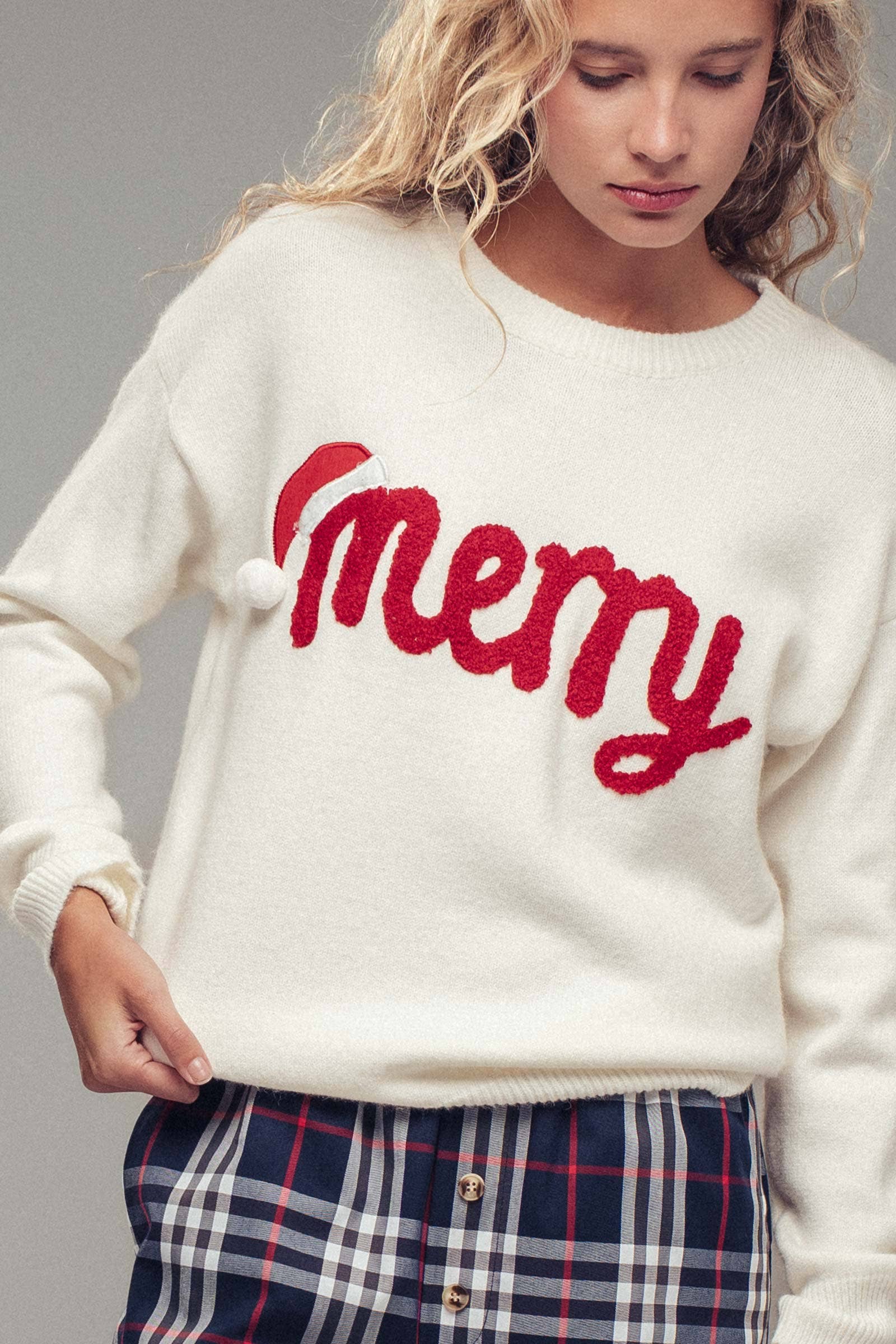Urban Daizy Merry Embroidered Crewneck Sweater Ivory Knit Sweater - Women's (UDZ-KN-00488) – alternate view 7