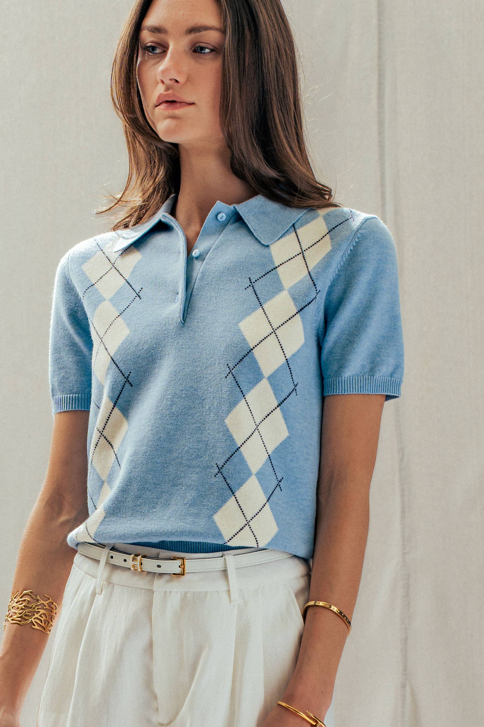 Preppy Argyle Short Sleeve Sweater