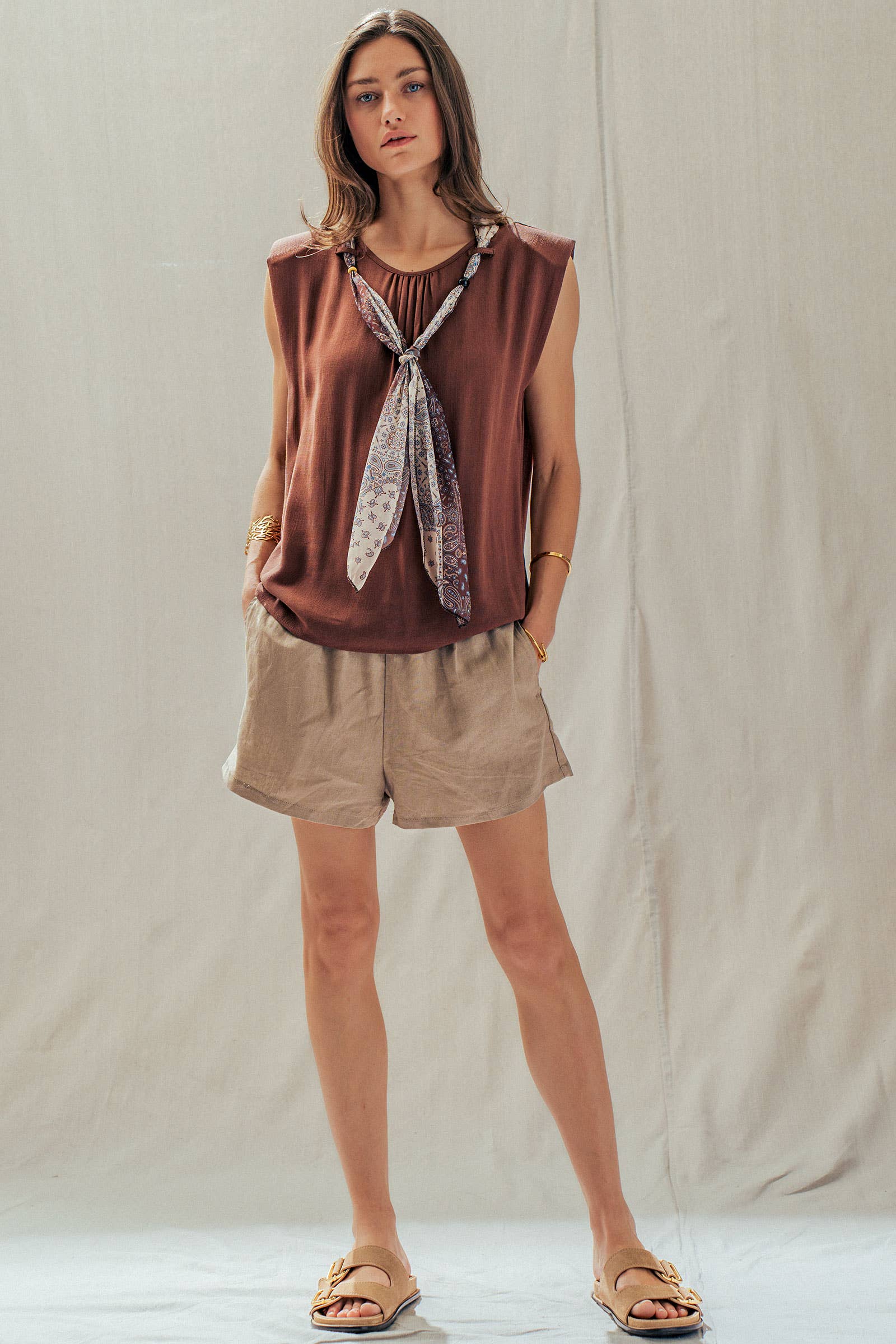 Paisley Scarf Tie Linen Blend Muscle Top