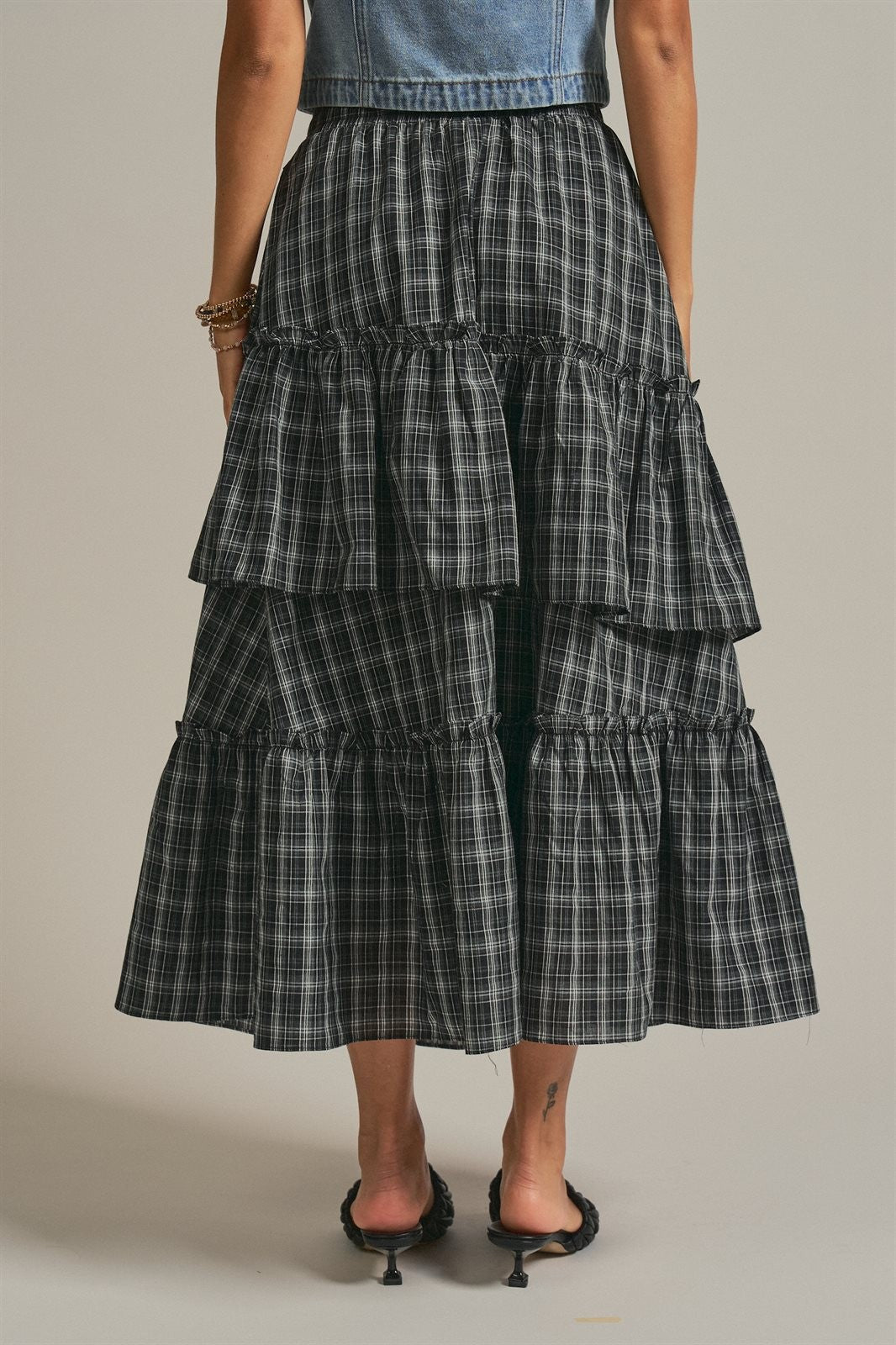Plaid Tiered Ruffle Maxi Skirt Western Cowgirl Boho Long Ski in BLACK - Women's Midi Skirts | Urban Daizy