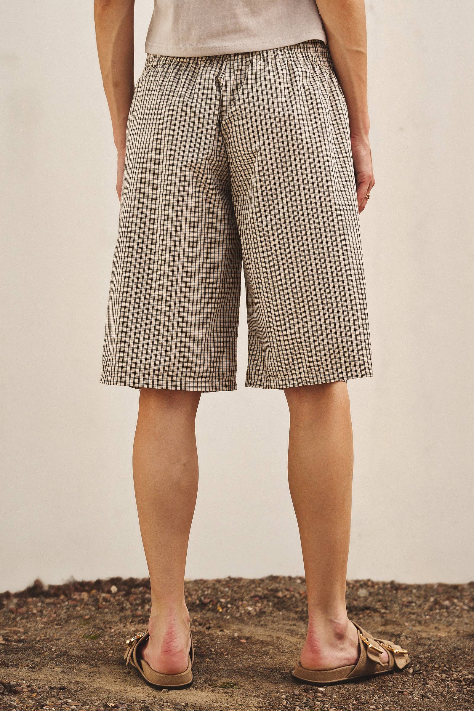Urban Daizy Classic Check Print Elastic Bermuda Shorts Cream Shorts - Women's (UDPT0174-Cream) – alternate view 4