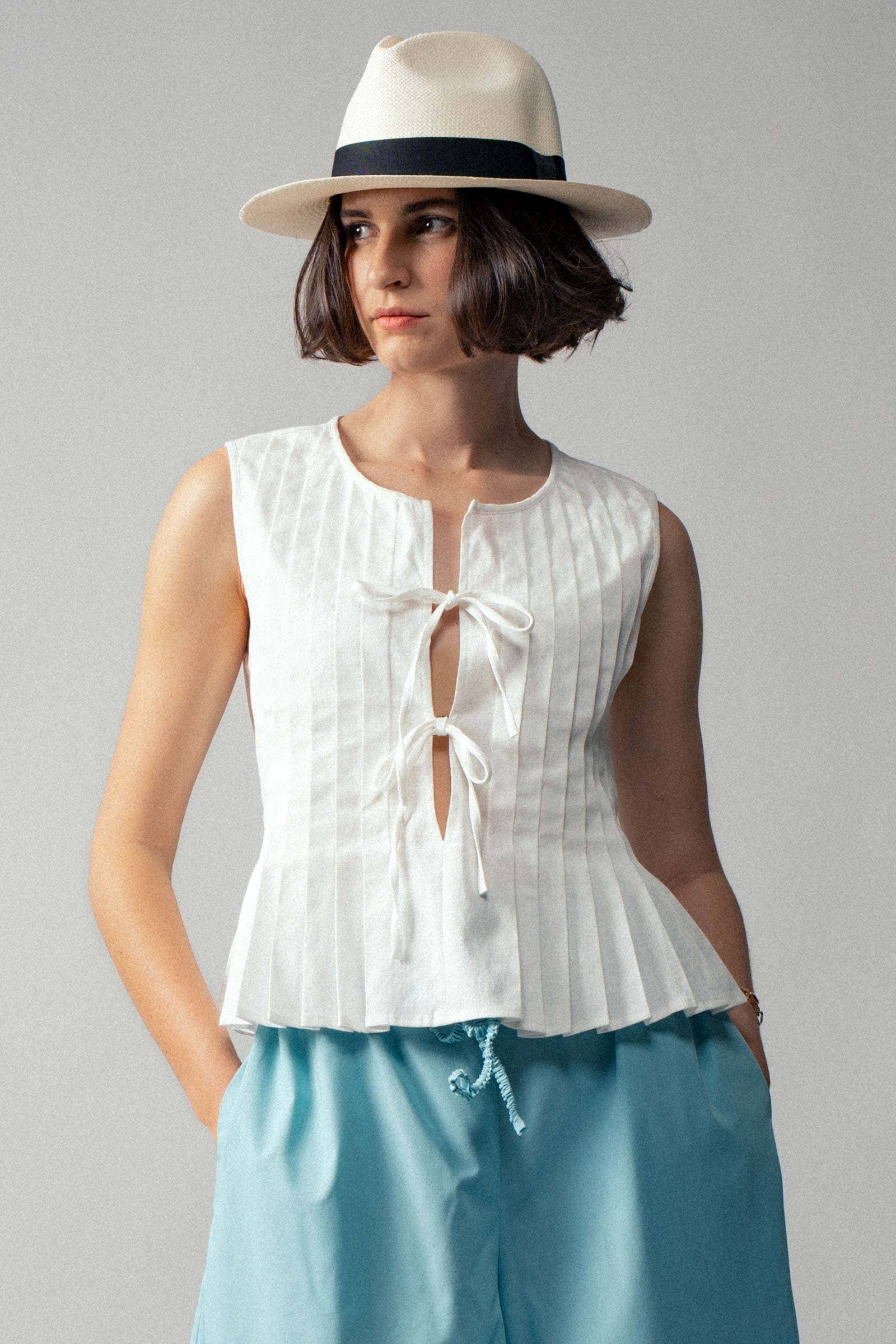 Urban Daizy Pleated Bow Front White Top Ivory Blouse - Women's (UDZ-DR-00389) – alternate view 15