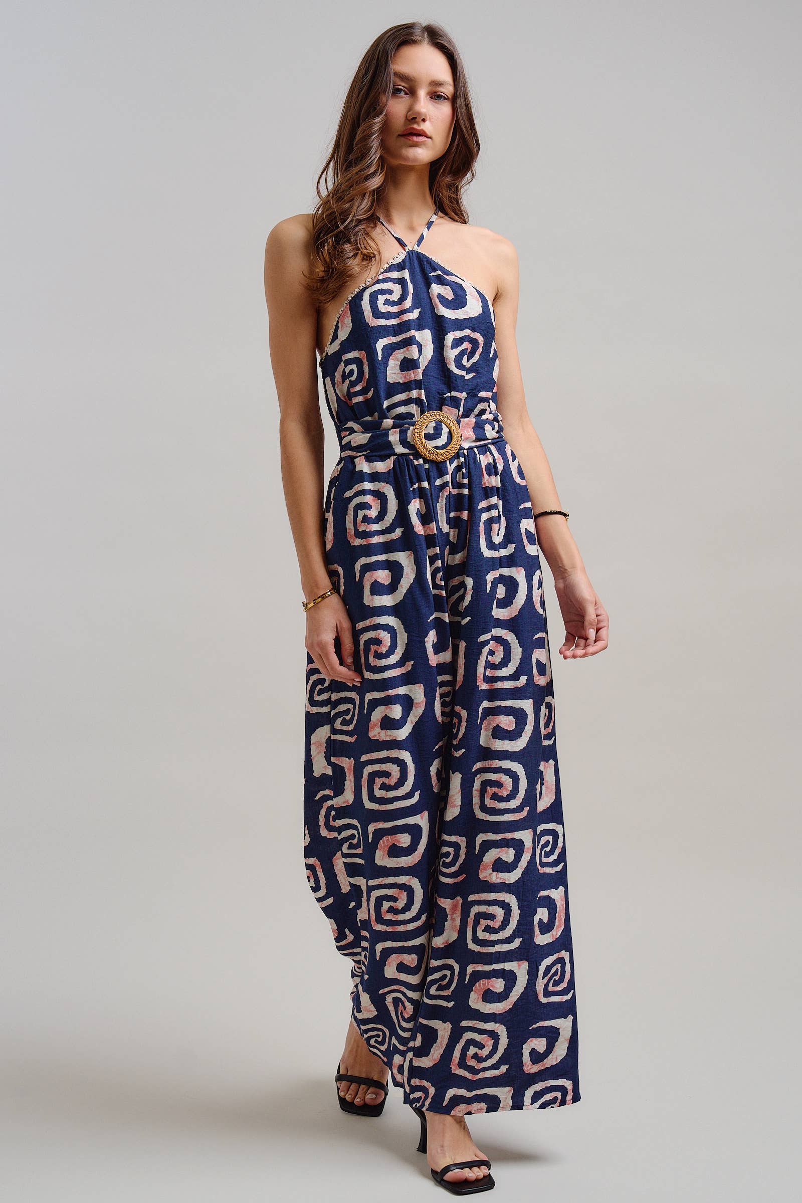 Urban Daizy Geometric Print Halter Belted Wide Leg Jumpsuit Blush Jumpsuit - Women's (TNJU0181-Blush) – alternate view 4