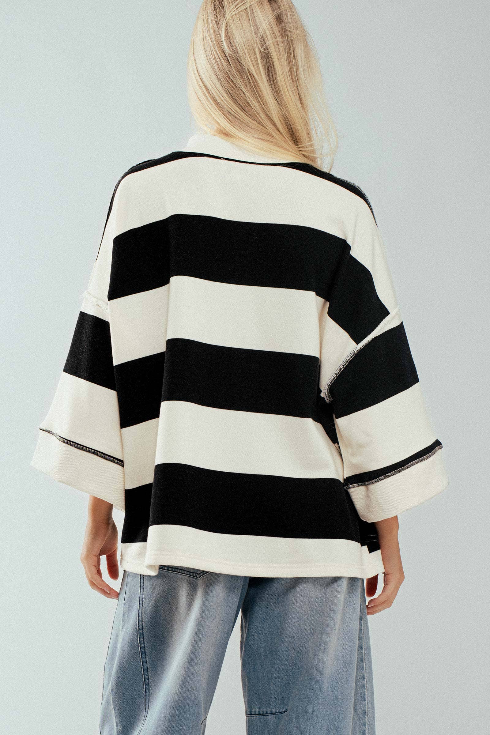 Urban Daizy Oversized Half Zip Bold Stripe Statement Pullover Sweatshirt Cream-Black Sweatshirt - Women's (UDZ-KN-00450)…