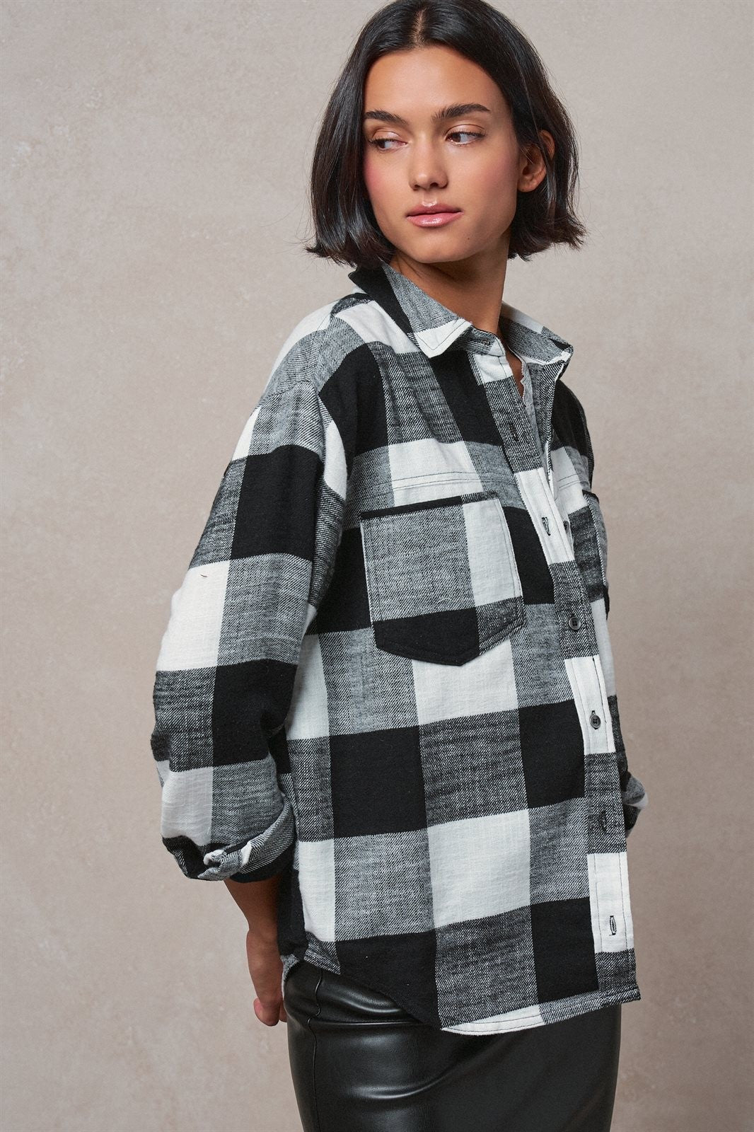 Buffalo Plaid Flannel Shirt Button Up Western Boho Top in BLACK - Women's Shirts & Blouses | Urban Daizy