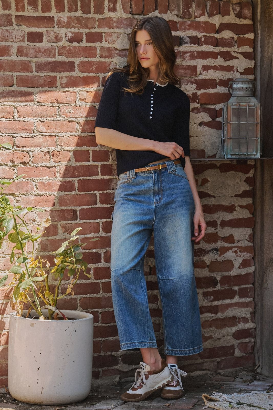 Wool Blend Cable Knit Henley with Contrast Neckline in NAVY - Women's Sweaters | Urban Daizy