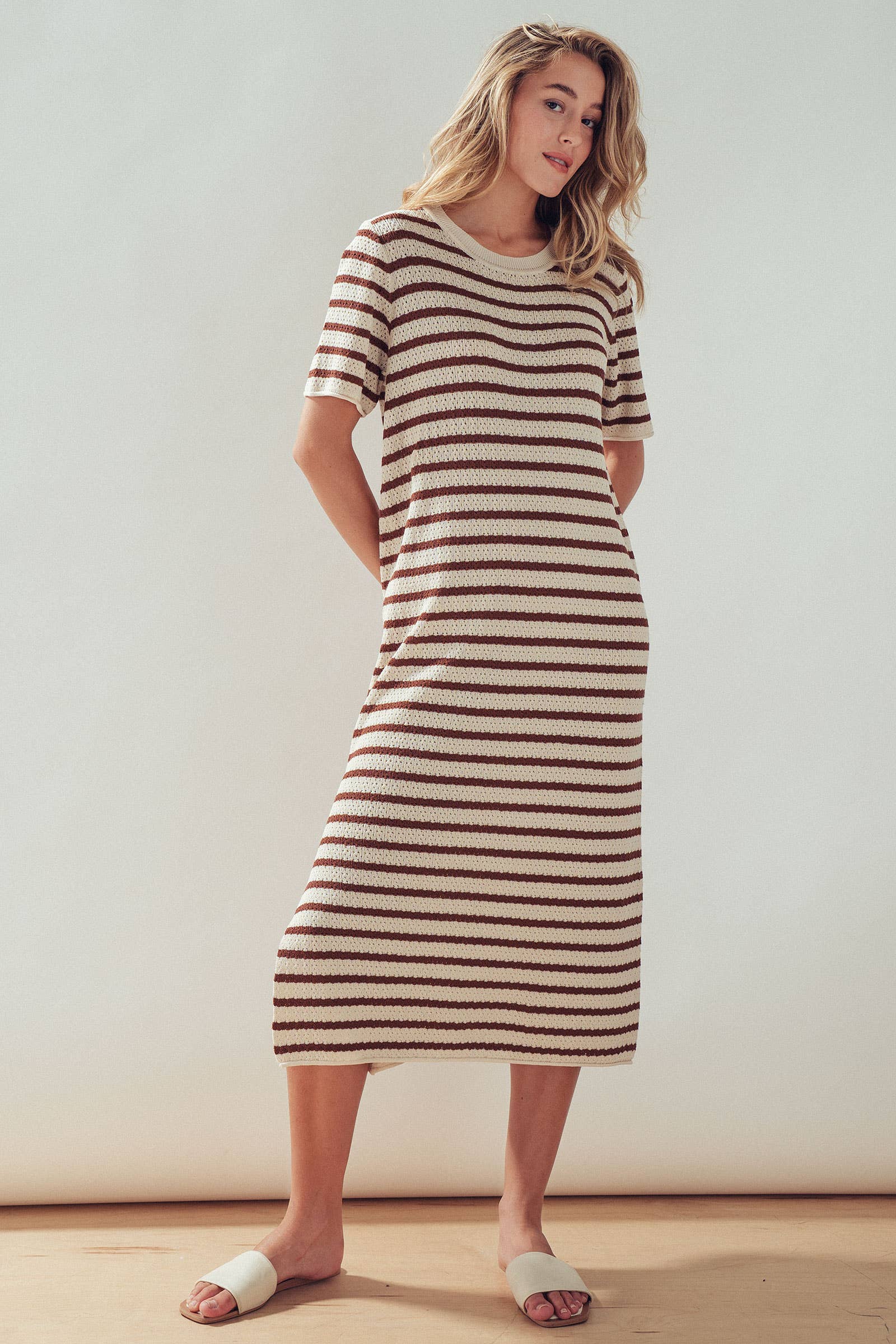 Striped Crochet Knit Short Sleeve Midi Dress