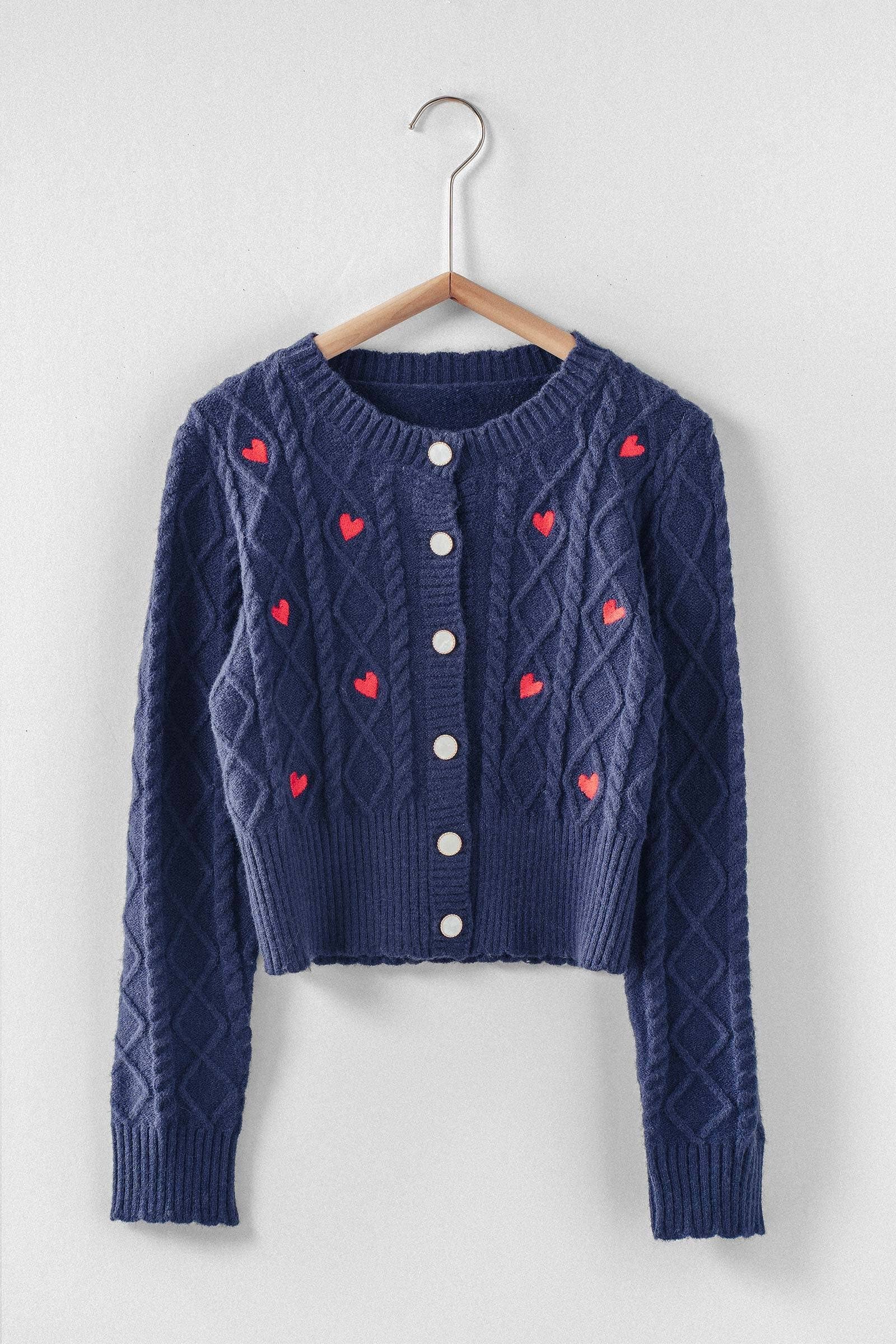 Cable Knit Heart Embroidered Cardigan