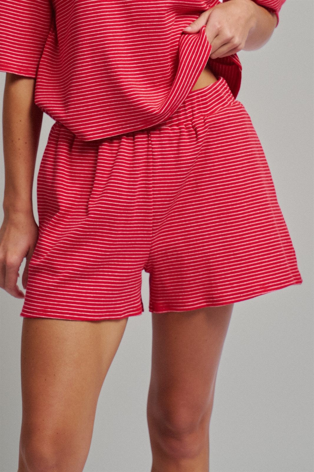 Ribbed Knit Boxy Tee and Shorts Lounge Set in RED WHITE - Women's Short Sets | Urban Daizy