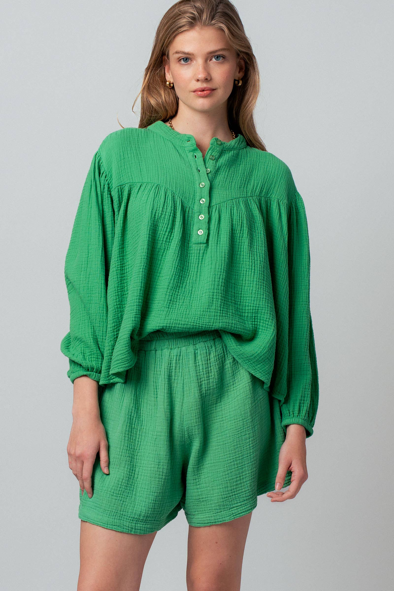 Garment Dyed Cotton Gauze Button Down Top And Shorts Set
