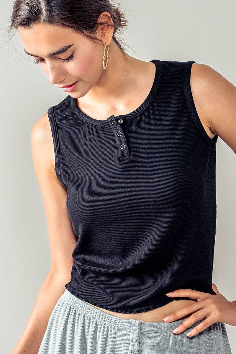 Urban Daizy Ribbed Bamboo Henley Tank Top Black Tank Top - Women's (UDZ-TP-00520)