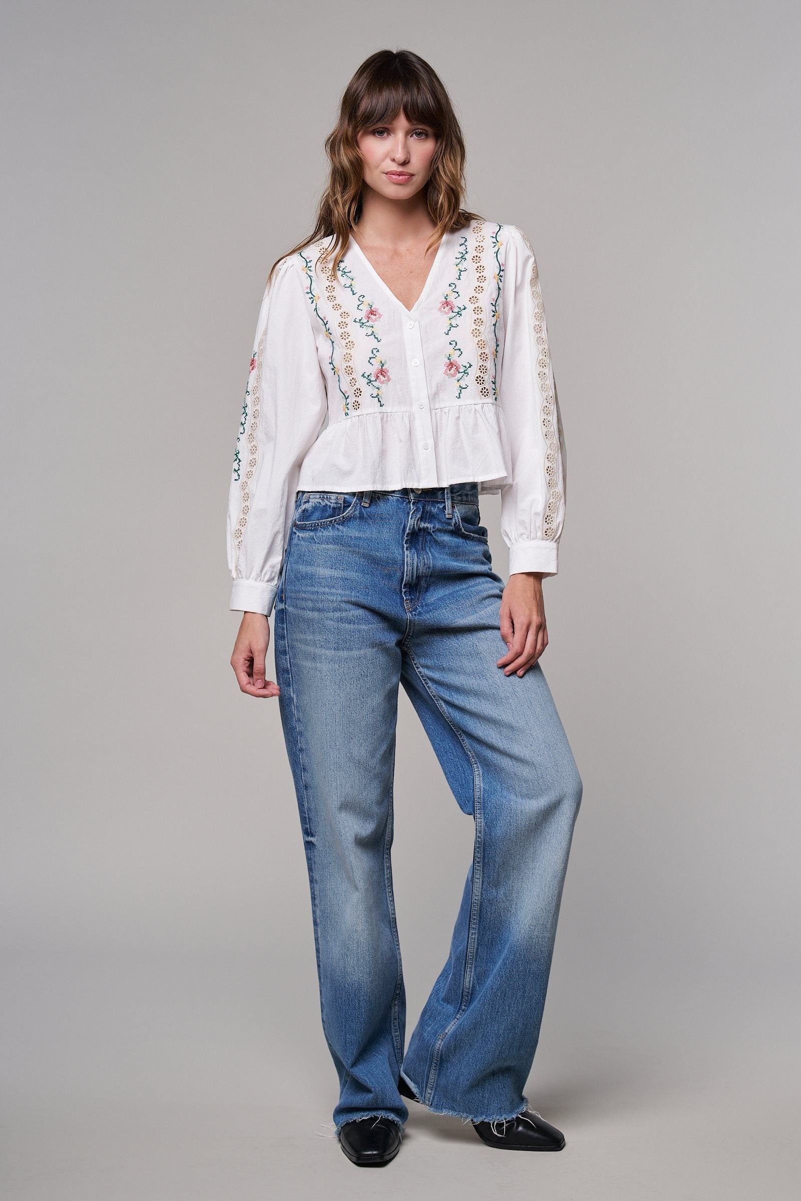 Folk Song Embroidered Peplum Blouse in WHITE - Women's Shirts & Blouses | Urban Daizy