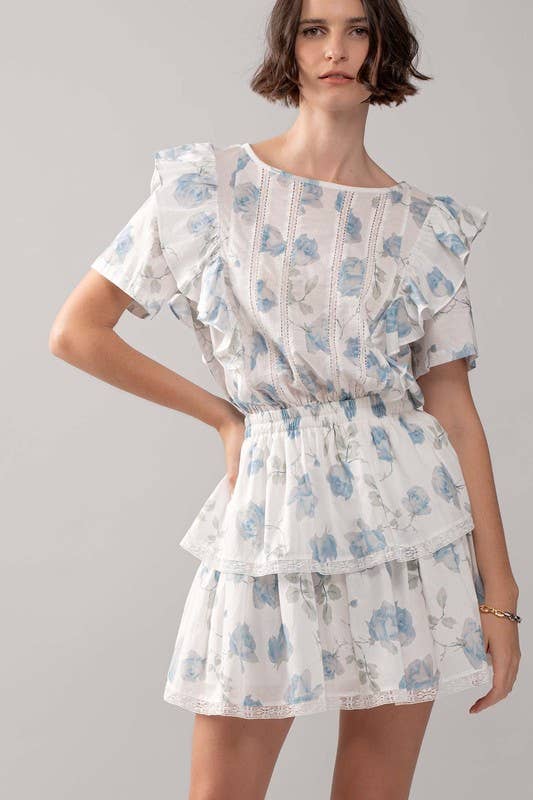 White Blue Floral Ruffle Sleeve Tiered Mini Dress