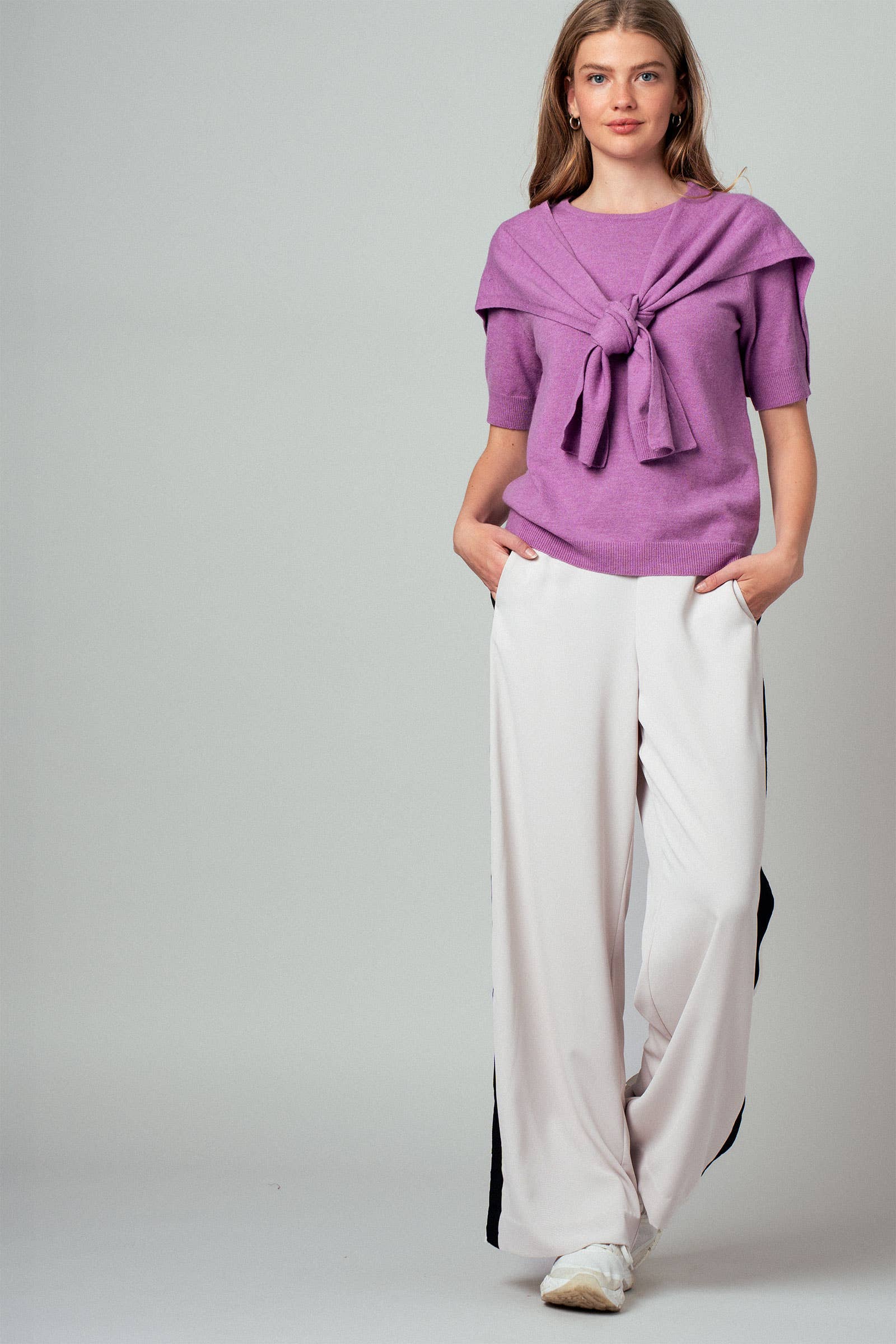 Faux Layered Tie-Front Knit Top