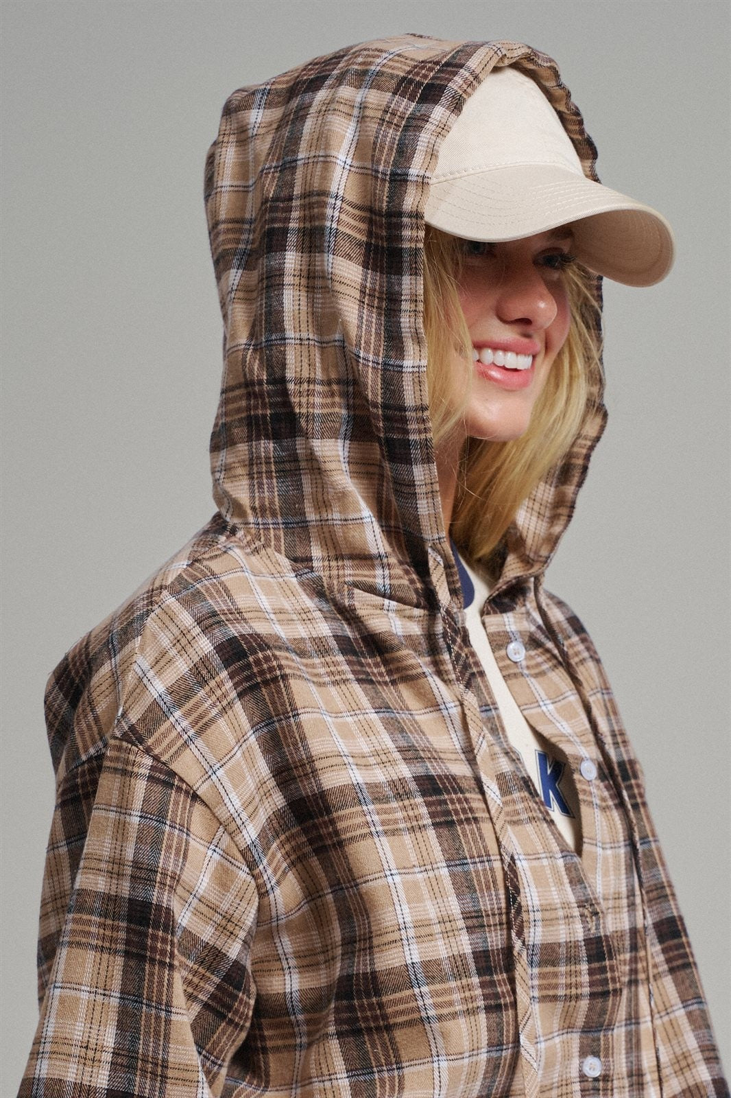 Plaid Flannel Hooded Shirt Jacket with Drawstring Hem in KHAKI - Women's Shirts & Blouses | Urban Daizy