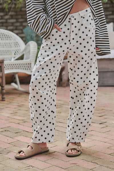 Polka Dot Print Cotton Barrel Leg Jeans