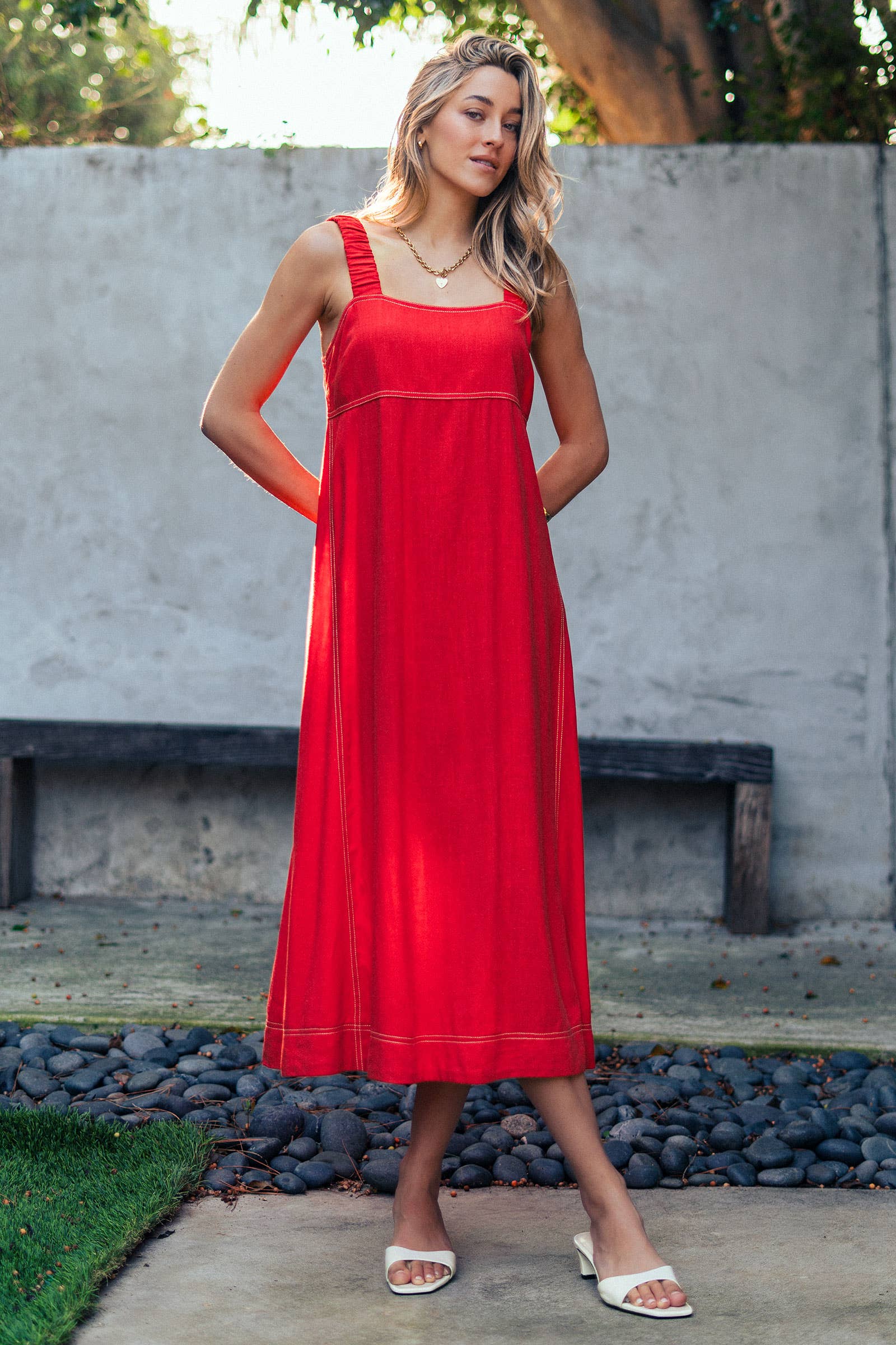 Contrast Stitch Square Neck Tencel Linen Midi Dress