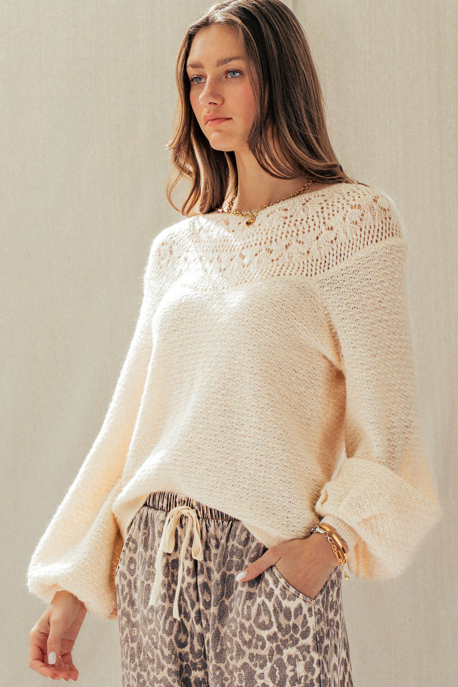 Lace Yoke Knit Blouson Sleeve Sweater