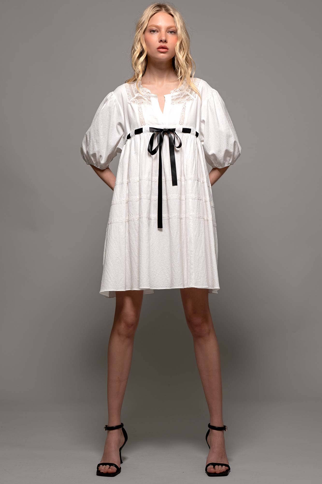 Urban Daizy Square Neck Lace Trim Bow Detail Empire Waist Dress Ivory Dress - Women's (UDZ-DR-00332) – alternate view 19