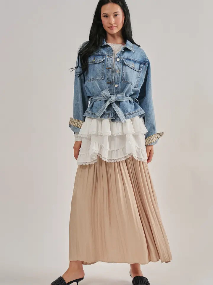 Washed Satin Crinkle Pleated Maxi Skirt