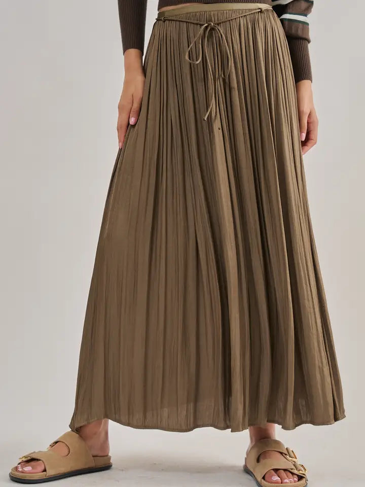 Washed Satin Crinkle Pleated Maxi Skirt