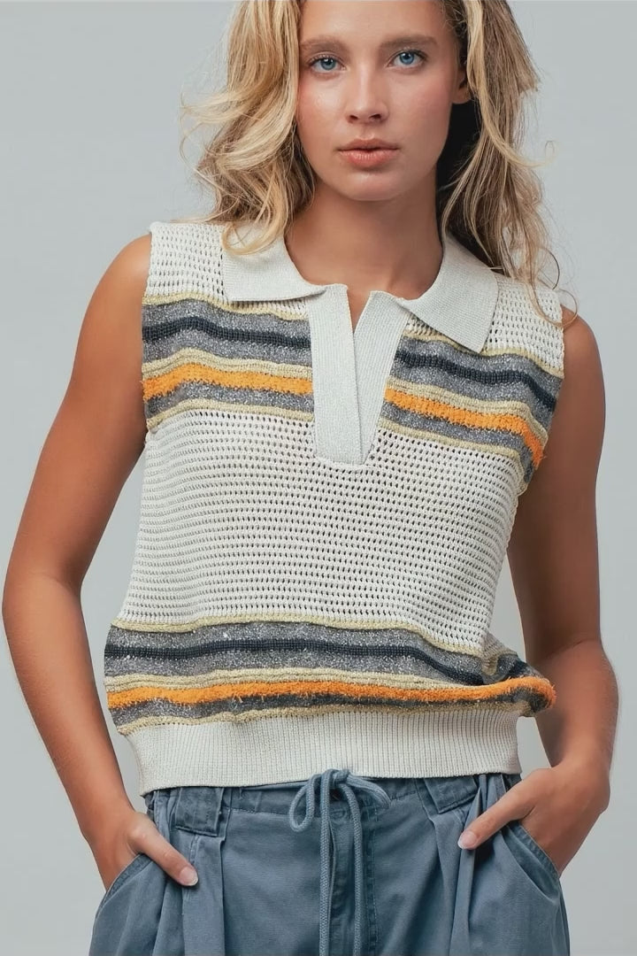 Textured Stripe Collared Open-Knit Vest