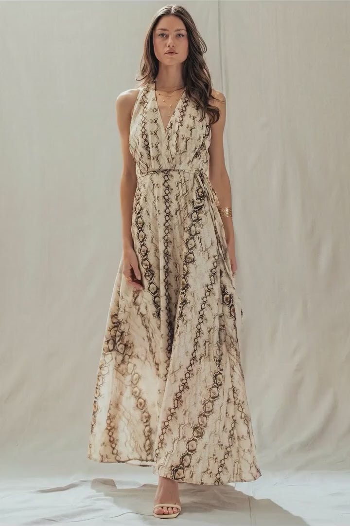 Snake Print Tencel Linen Halter Maxi Dress