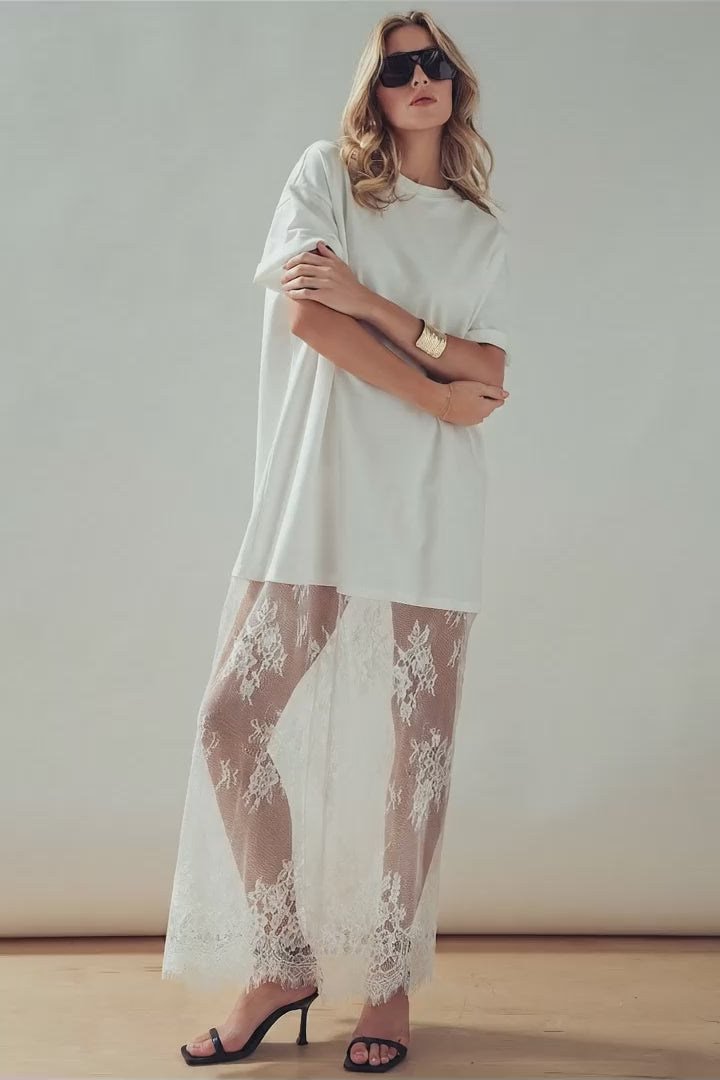 Mixed-Media T-Shirt Dress with Sheer Lace Skirt